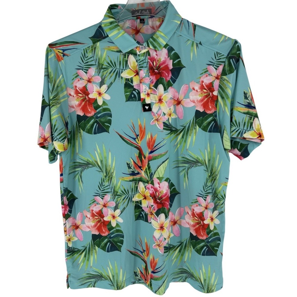 Bad Birdie Men's Tropical Floral Stretch Polo Shirt Short Sleeve Blue L Golf Per